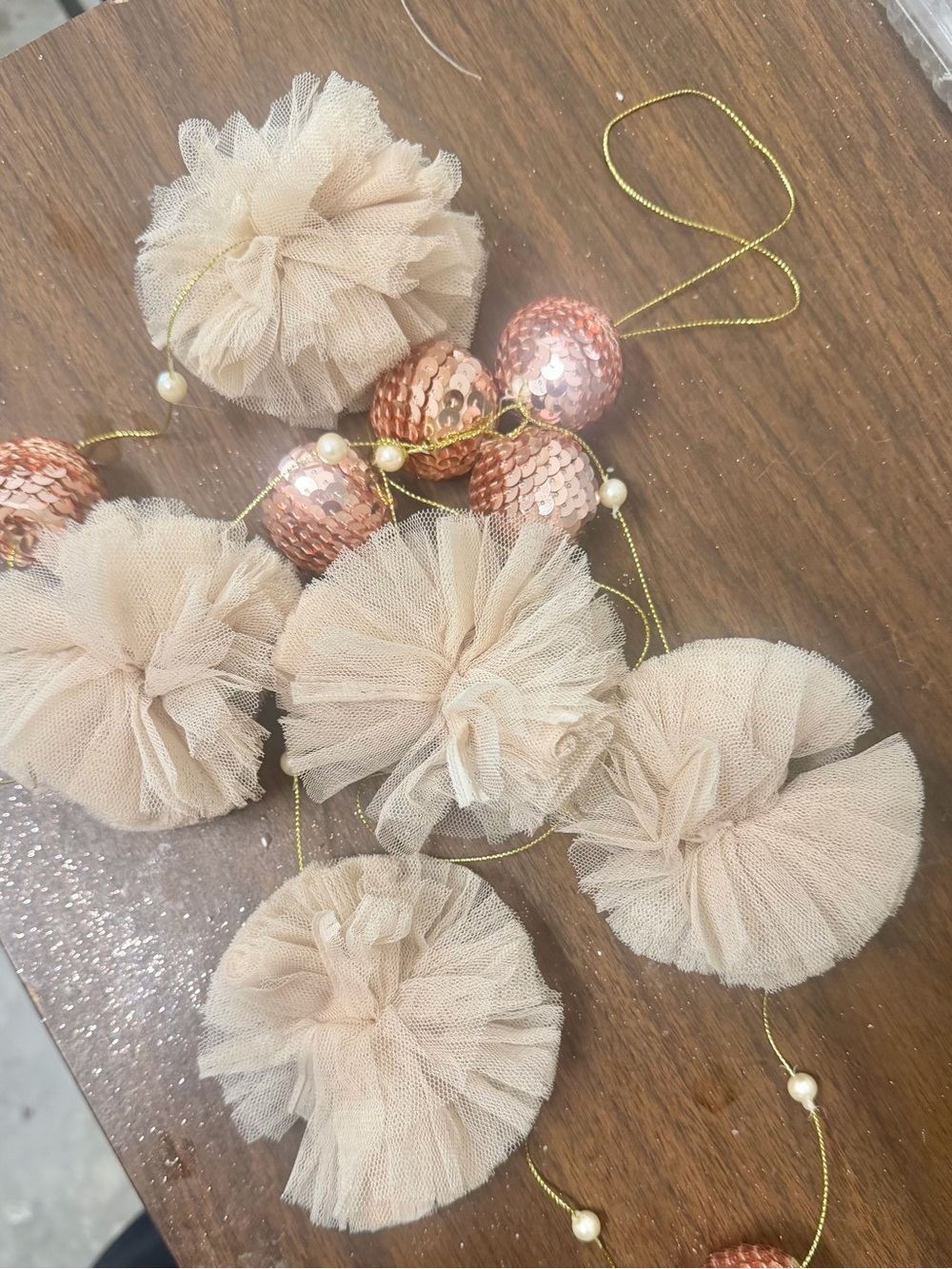 4.5 Ft Neutral Beige Tulle Pom Pom Garland with Rose Gold Bead Accents